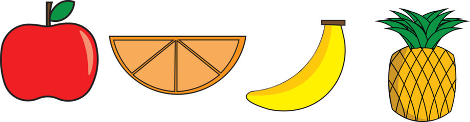 Colorful Vector Illustration of Fresh Fruits – Apple, Orange Slice, Banana, and Pineapple