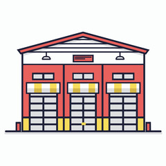 Modern cartoon fire station with three bays, perfect for a city planning presentation or children's book illustration, clean lines and whimsical design style