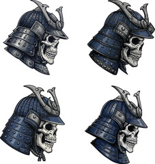 Samurai warrior skull profile wearing kabuto helmet with Japanese wave patterns, strong cultural vector artwork