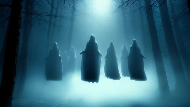 Ghostly hooded figures materializing through dense blue-tinted forest mist, supernatural entities emerging from shadowy woodland landscape