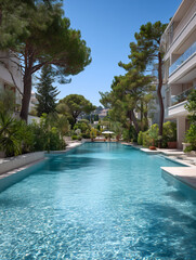 Fototapeta premium Infinity swimming pool at luxury resort hotel on sunny day