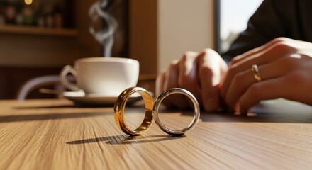 Two wedding rings are placed on a wooden table beside a steaming cup of coffee, symbolizing love and commitment in a cozy setting.
