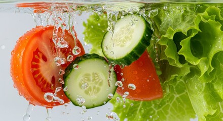 Fresh vegetables, including tomatoes and cucumber, splash into water, creating vibrant bubbles against a backdrop of leafy greens.