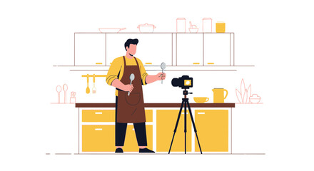 Culinary content creator filming cooking video in kitchen demonstrating food preparation
