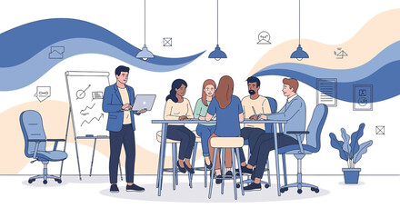 Creative team brainstorming session with presentation and modern office environment