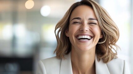 Obraz premium Laughing Woman with Blonde Hair and White Blazer, Positive , Happiness