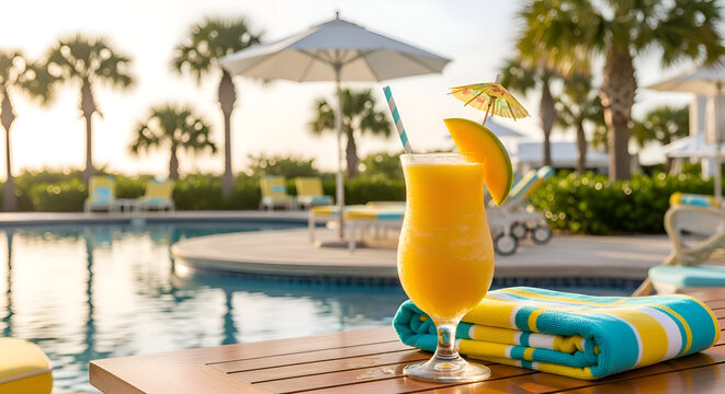 Refreshing Summer Drink Beside A Pristine Pool And Lush Tropical Setting - Powered by Adobe