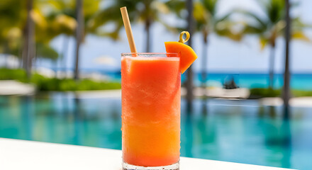 Refreshing Tropical Drink Beside Poolside, A Summertime Cocktail in Sunlight