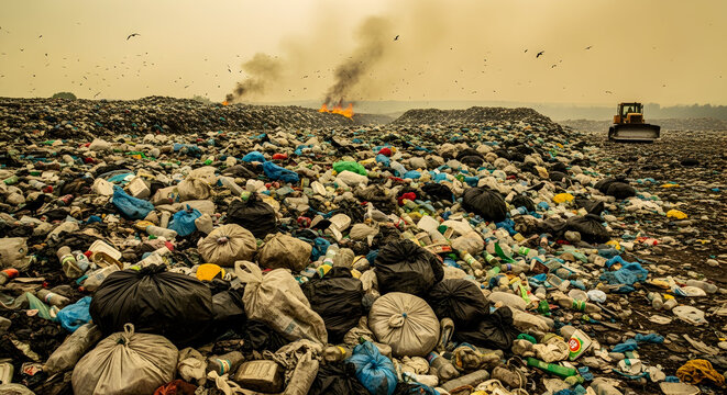 Extensive landfill filled with garbage and plastic waste with smoke rising and a bulldozer visible in the distance illustrating pollution concerns