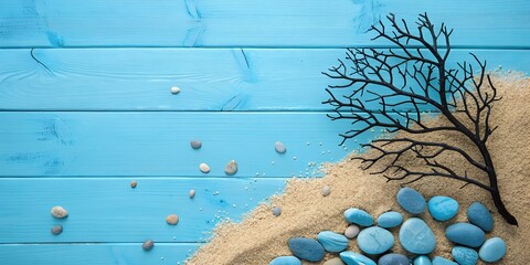 This is a photograph of a serene beach-themed composition. The background consists of horizontal wooden planks painted a bright, calming blue.