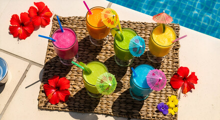 Refreshing Tropical Drinks Arrayed Beside Hibiscus Blooms Near The Poolside