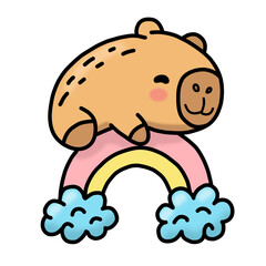 Lindo capibara feliz recostado sobre un arcoiris de colores