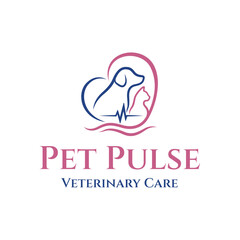 Modern logo design featuring a dog and cat inside a heart with heartbeat line, symbolizing pet care, veterinary service, health, and love for animals. Editable Vector File
