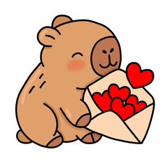 Lindo capibara sosteniendo feliz un sobre lleno de corazones rojos