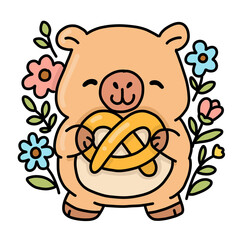 Lindo capibara rodeado de flores coloridas sosteniendo un pan en forma de pretzel