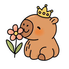 Hermoso capibara oliendo una flor usando una corona de rey