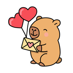 Lindo capibara feliz sosteniendo una carta de amor y unos globos de corazón