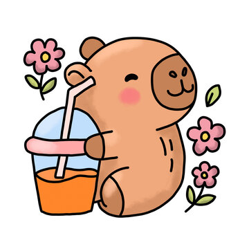 Adorable capibara feliz bebiendo una malteada en su vaso con popote