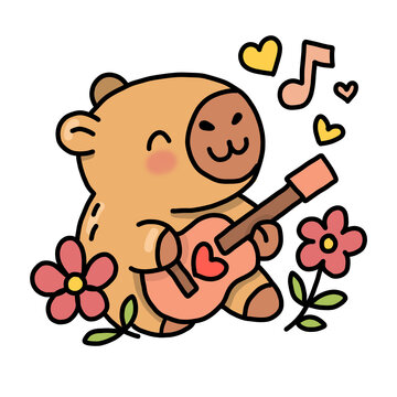 Lindo capibara tocando el ukelele rodeado de flores