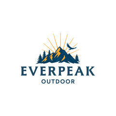 Adventure and outdoor logo design featuring a mountain peak, pine trees, golden sunrise rays, and a flying eagle. Editable Vector File