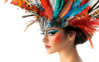 Carnival artist captured in portrait wearing elaborate feathers and colorful attire isolated on transparent background PNG