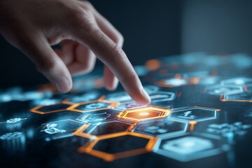 Naklejka premium Futuristic Touch Interface with Hand Interacting with Digital Icons Representing Technology and Industry on a High-Tech Background