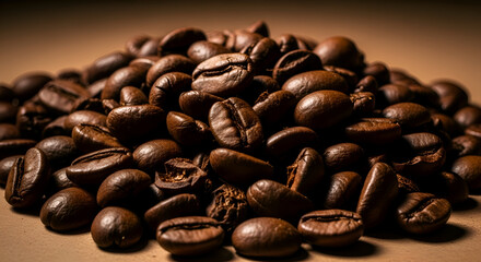 Fototapeta premium Roasted Coffee Beans: A Freshly Photographed Heap Of Deliciously Dark Cafe Essentials