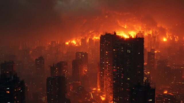A sprawling metropolis shrouded in ominous orange flames, illuminated by the eerie glow of fiery devastation.