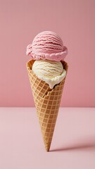 Pink and Vanilla Ice Cream Cones Stacked Keywords: ice cream, cone, pink, vanilla, strawberry