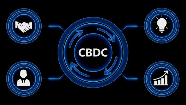 Central bank digital currency cbdc diagram illustrating finance innovation and business strategy on black background