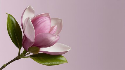 Pink magnolia flower with green leaves on pastel background