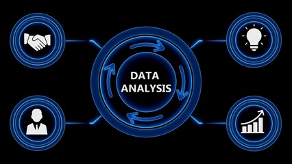 Data analysis infographic depicting business process with glowing neon elements on black background