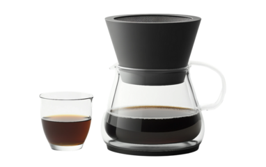 Pour-over coffee maker with filter and glass carafe for freshly brewed aromatic coffee isolated on transparent background PNG