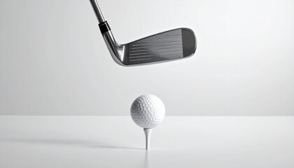 Close-up of golf club and ball setup on smooth gray gradient background