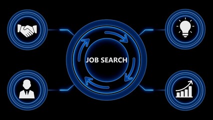Job search process conceptual illustration with icons depicting opportunities and results