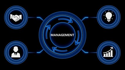 Abstract blue business management infographic depicting key aspects of success and growth