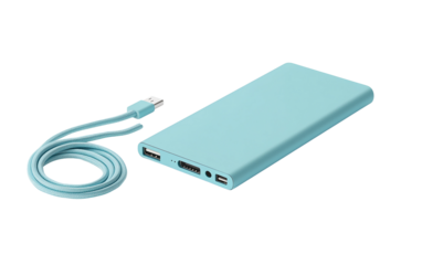 Sleek power bank and charging cable displayed flat highlighting modern tech and portability isolated on transparent background PNG