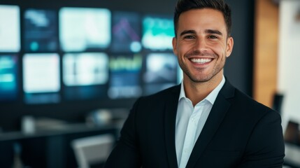Fototapeta premium Smiling Businessman in Suit with Display Wall, Modern Office , Business , Leadership