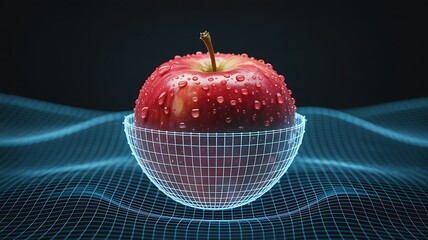 Red apple in digital grid bowl with water droplets