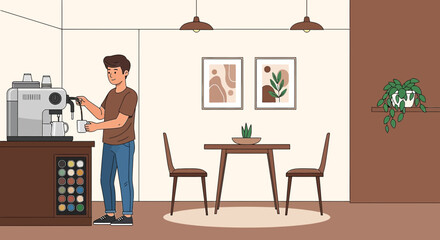 Morning Routine: Man Preparing Coffee in Stylish Minimalist Dining Area with Artwork