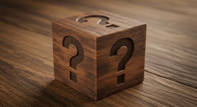 Wooden cube with question marks on a wooden surface concept of uncertainty.