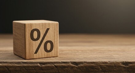 Wooden block with percentage sign on wooden surface against a dark background.