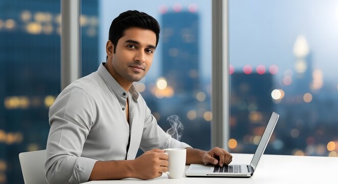 Young Indian Woman Smiling and Holding a Laptop, Working Remotely in a Bright Cafe