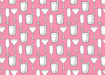 Glassware seamless vector pattern with different drink glasses on pink background. Suitable for party graphics, DIY projects, restaurant branding, invitations, and creative packaging.