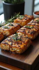 Grilled Halibut Steaks with Rosemary on a Wooden Board, CloseUp View