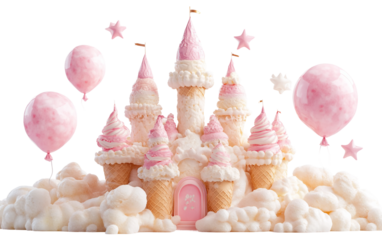 Imaginative floating cotton candy and ice cream castle in magical vibrant pastel setting isolated on transparent background PNG