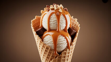 Vanilla ice cream cone with caramel sauce and chocolate chunks