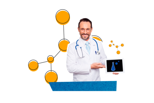 Composite photo collage of happy man doctor geneticist hold tablet device flask chemistry healthcare concept isolated on painted background