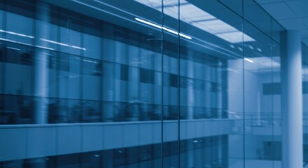 Interior view of a modern building with glass walls and blue tones.