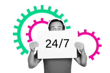 Composite trend artwork sketch image collage of silhouette aged man hand hold banner work  support 24 7 service help customer cogwheel